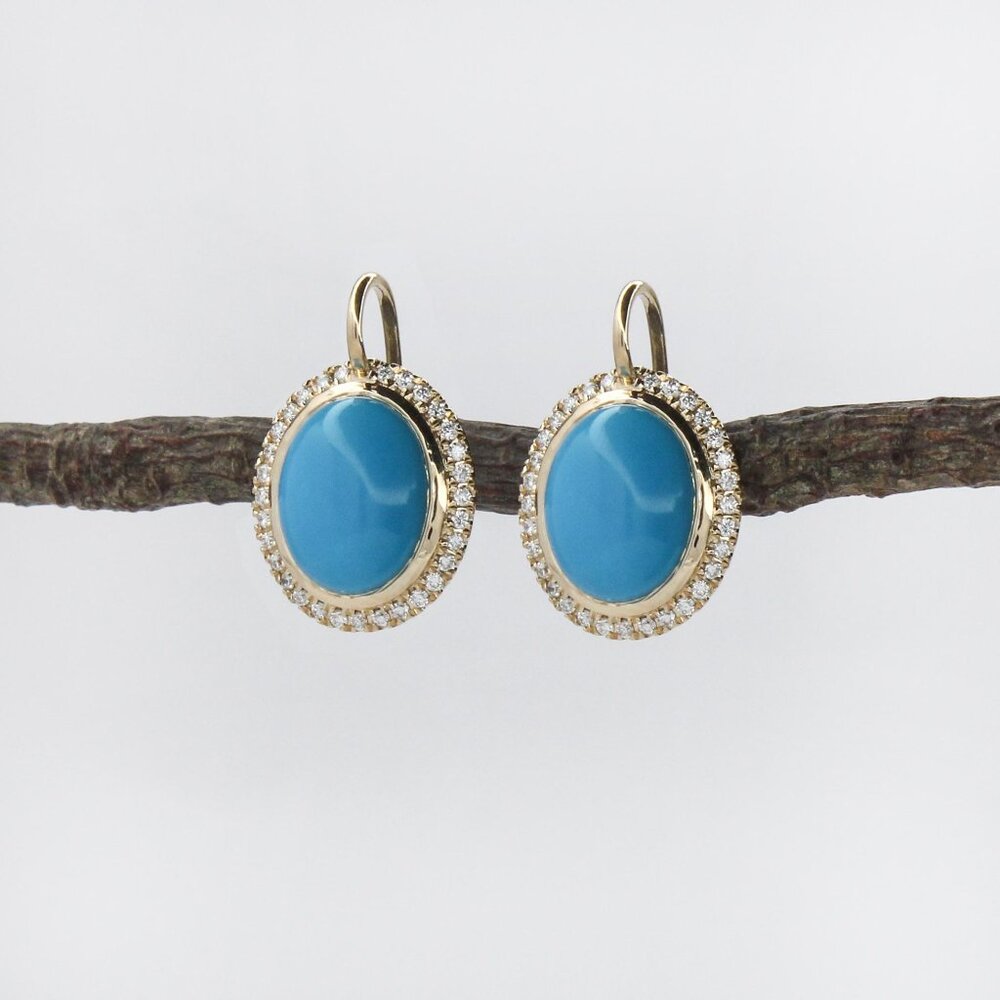 Sleeping Beauty Turquoise Earrings in Solid 14K Gold with Natural Diamond Halo